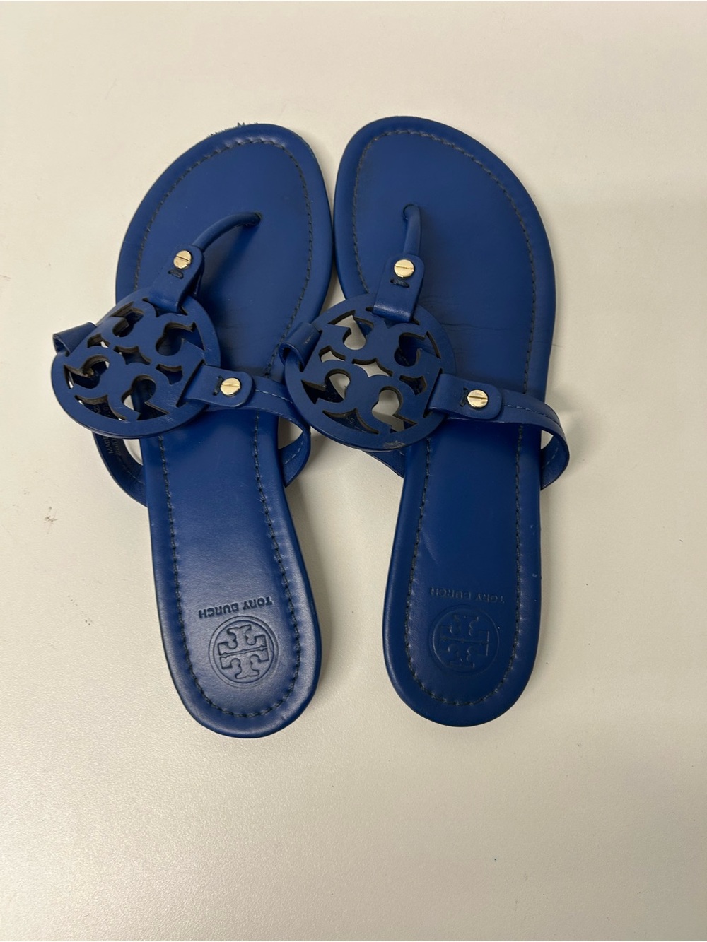 Tory Burch Royal Blue Cutout Logo Leather Sandals